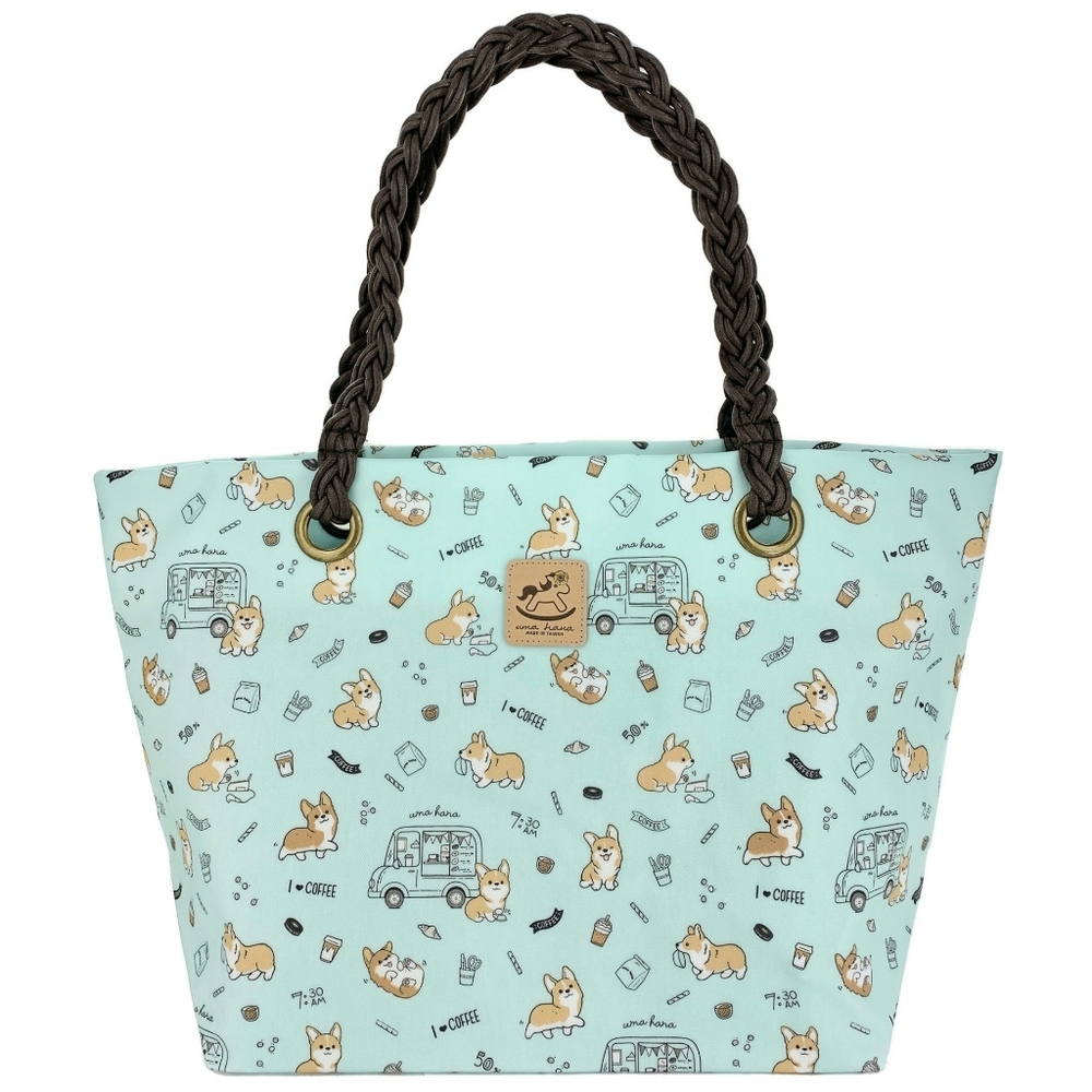 Waterproof Corgi & Coffee Woven Tote Shoulder Bag